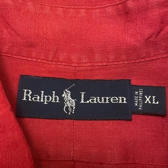 Vintage 90s Polo Ralph Lauren 100% Linen Button Down Shirt XL Red Burgundy Pony - Picture 4 of 10